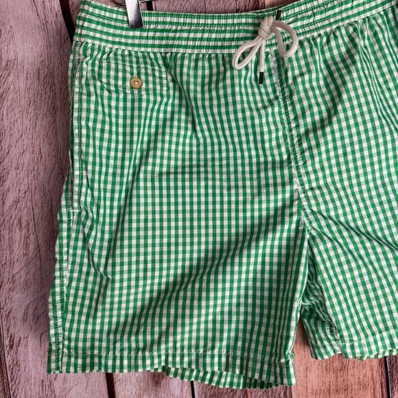 Polo Ralph Lauren Swim Trunks Green Gingham Mesh Lined Large Beach Vacation Pool - Picture 3 of 8